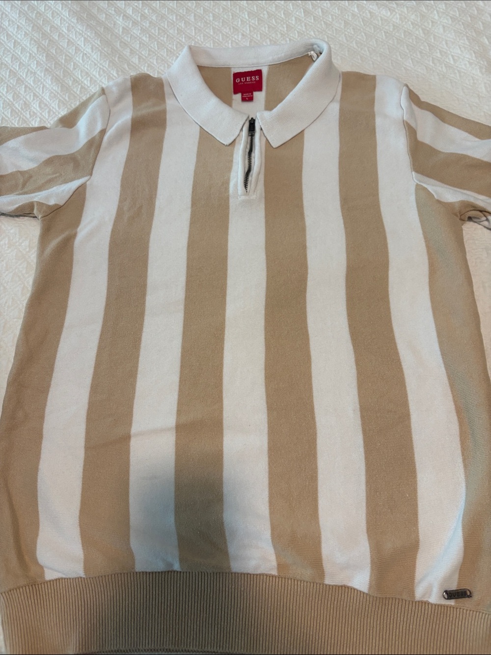 Guess Beige and White Striped Zip Polo